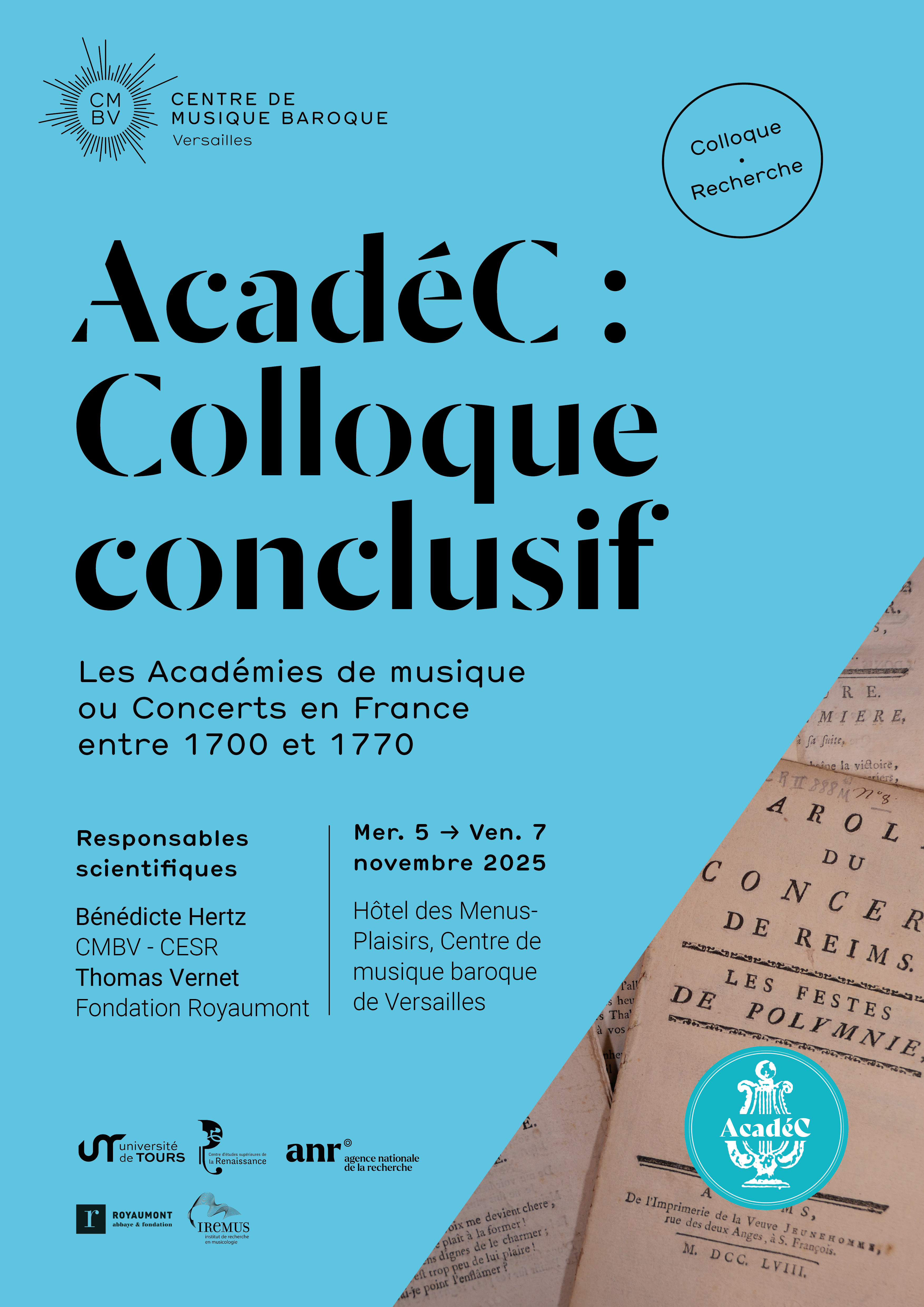 Colloque conclusif ANR AcadéC : Les Académies de musique et Concerts en France (1700-1770)